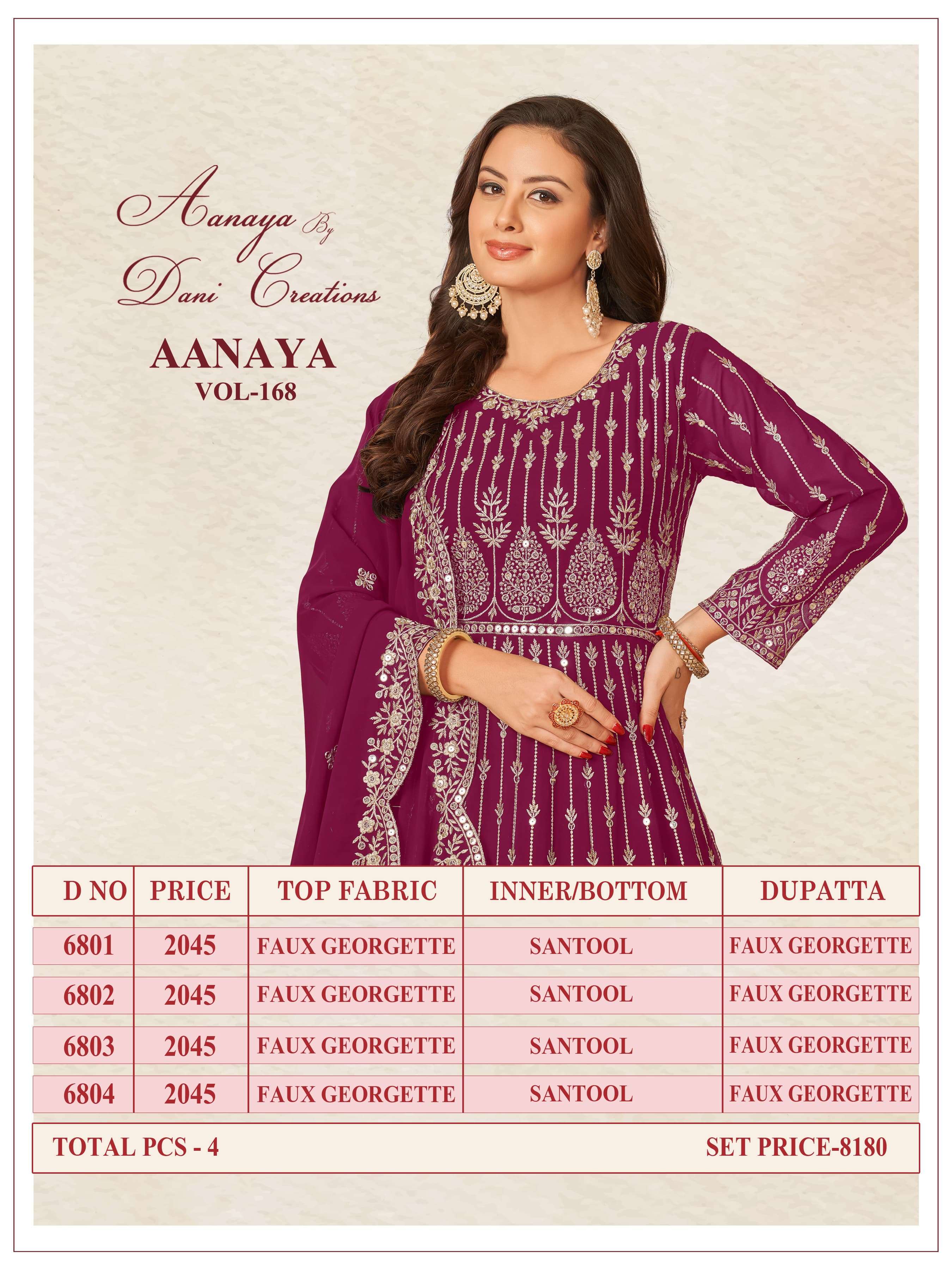 dani aanaya 6800 series vol 168 fux georgette decent look salwar suit catalog