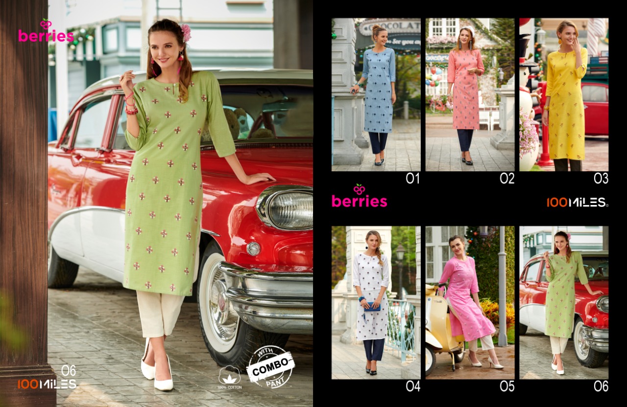 100 miles berries modern and stunning look cotton linen Embroided Kurties with Pants