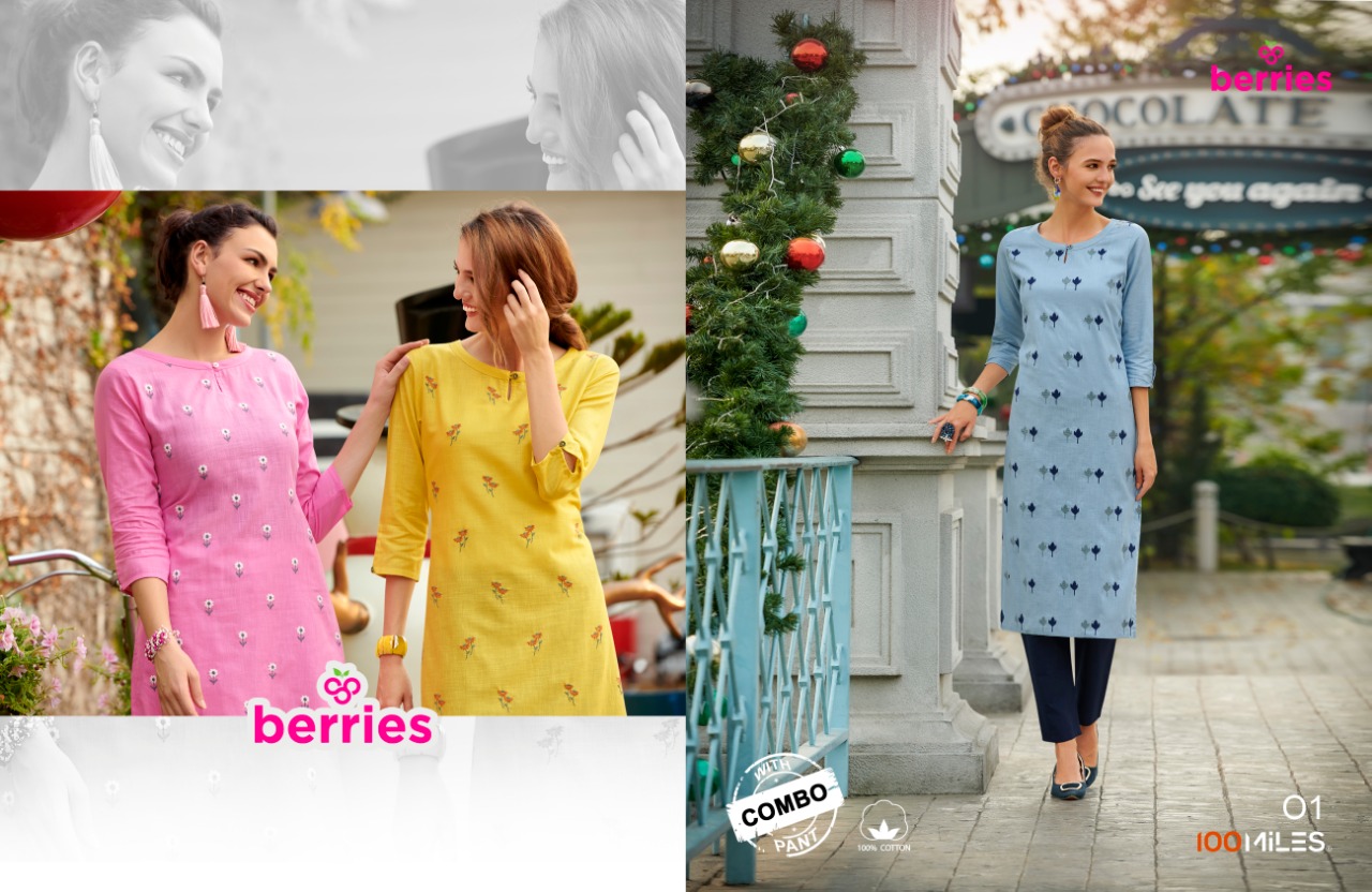 100 miles berries modern and stunning look cotton linen Embroided Kurties with Pants