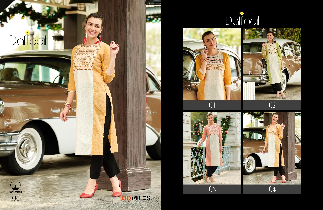 100 miles daffodil stunning look cotton fancy Embroidered fashionable Kurties