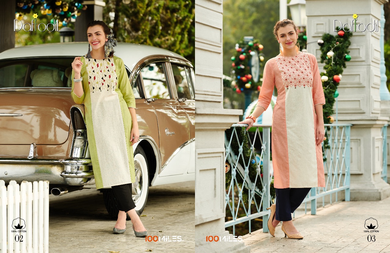 100 miles daffodil stunning look cotton fancy Embroidered fashionable Kurties