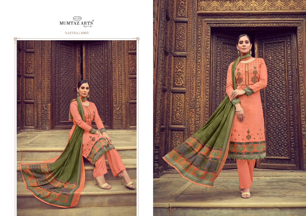 Mumtaz arts naitra moden and trendy look jam satin with kashmiri Embroided Salwar suits