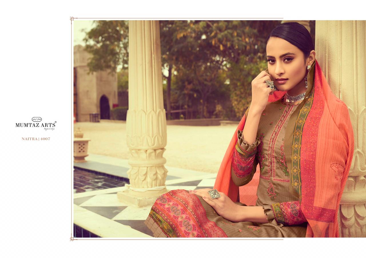 Mumtaz arts naitra moden and trendy look jam satin with kashmiri Embroided Salwar suits