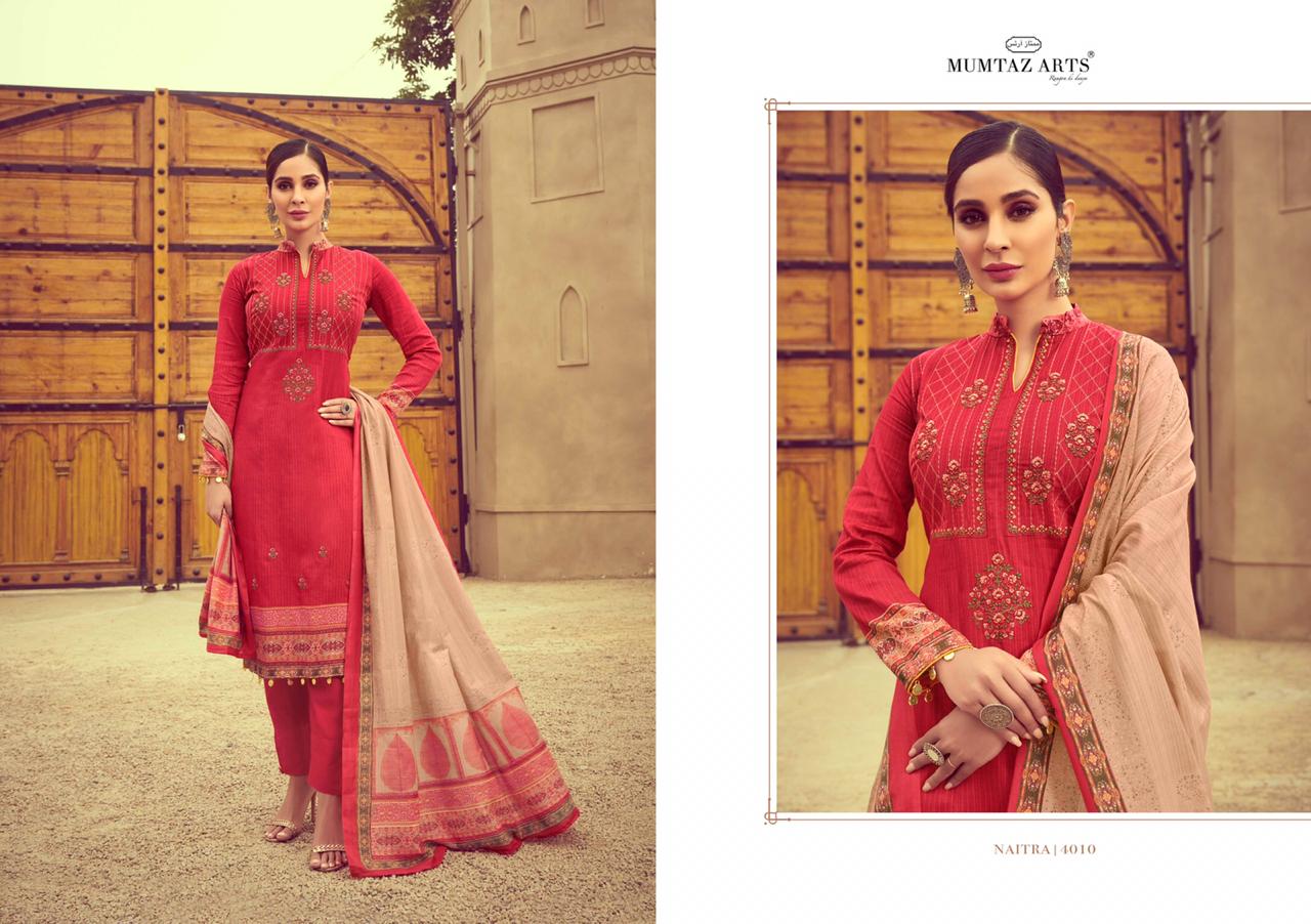 Mumtaz arts naitra moden and trendy look jam satin with kashmiri Embroided Salwar suits