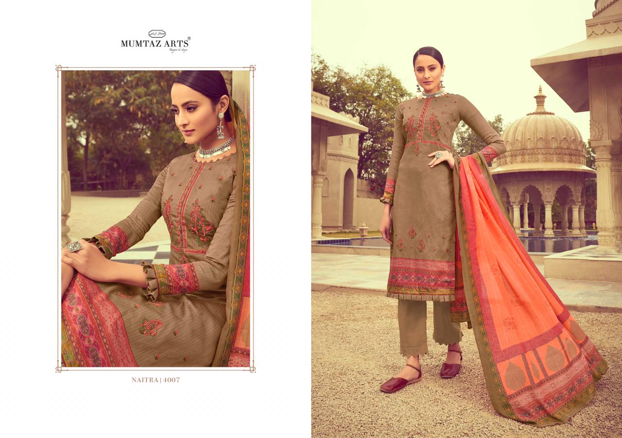 Mumtaz arts naitra moden and trendy look jam satin with kashmiri Embroided Salwar suits