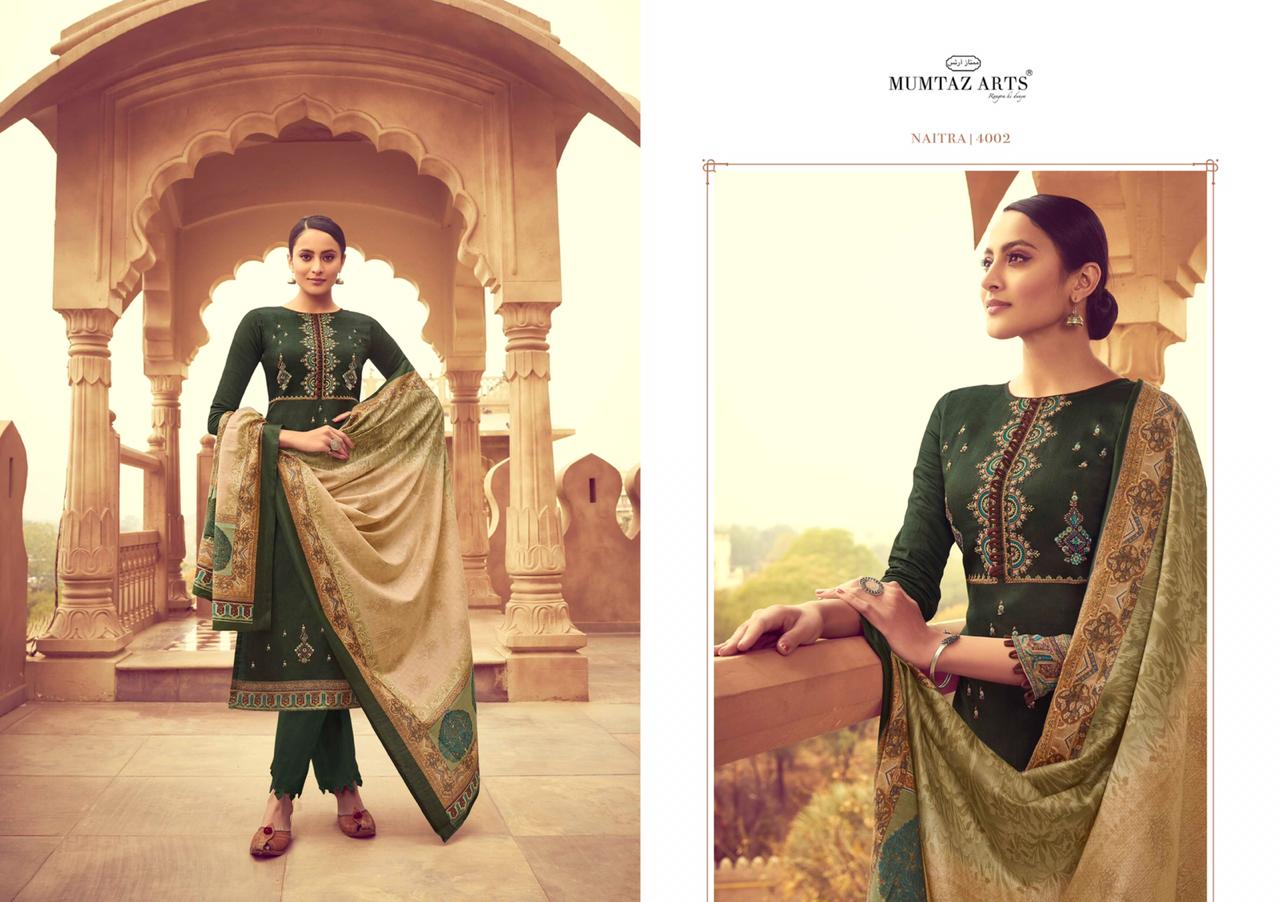 Mumtaz arts naitra moden and trendy look jam satin with kashmiri Embroided Salwar suits