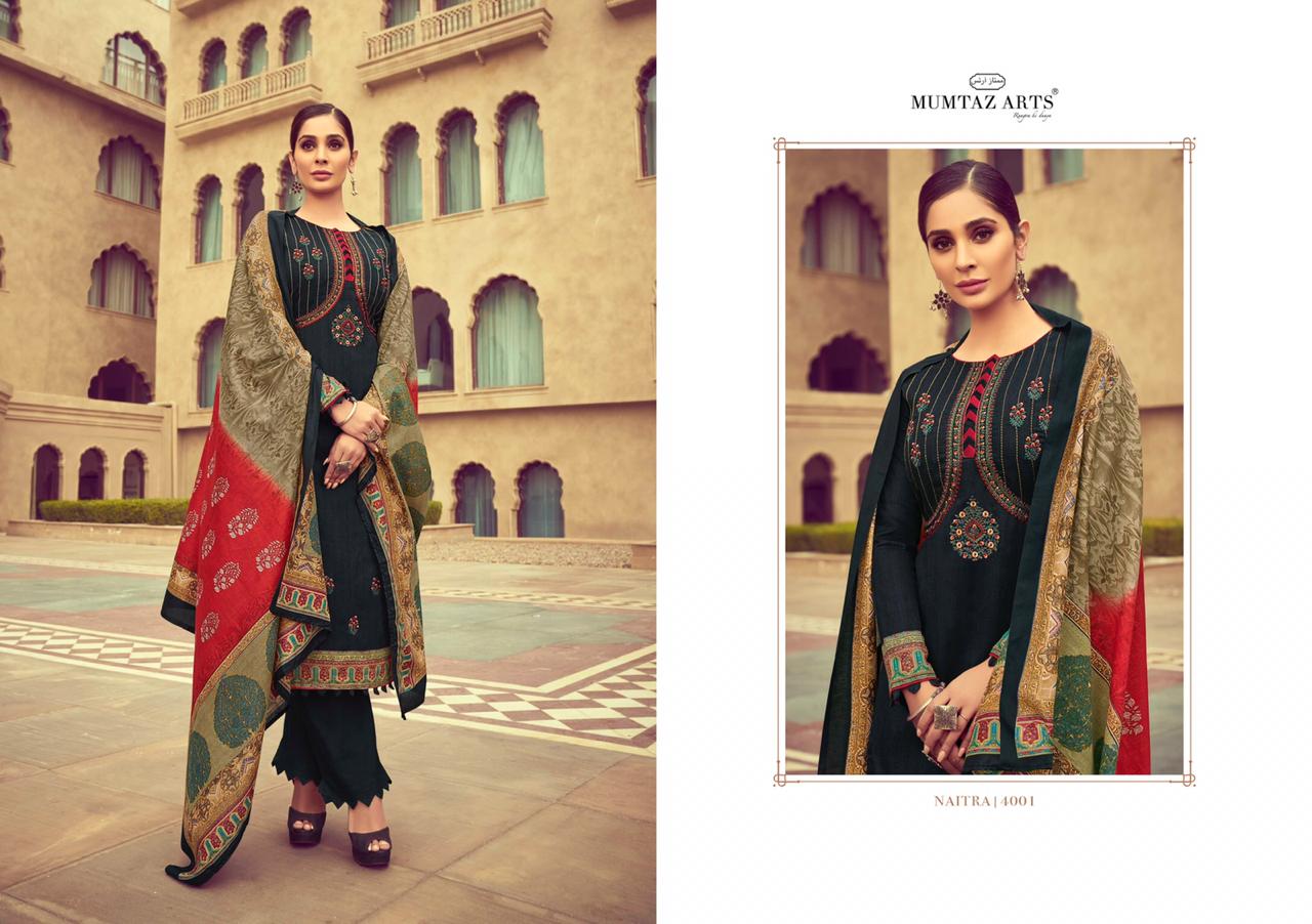 Mumtaz arts naitra moden and trendy look jam satin with kashmiri Embroided Salwar suits