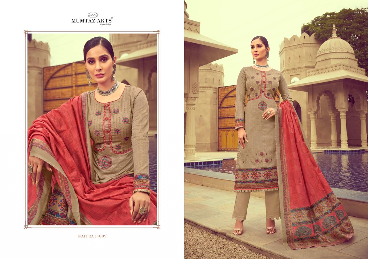 Mumtaz arts naitra moden and trendy look jam satin with kashmiri Embroided Salwar suits