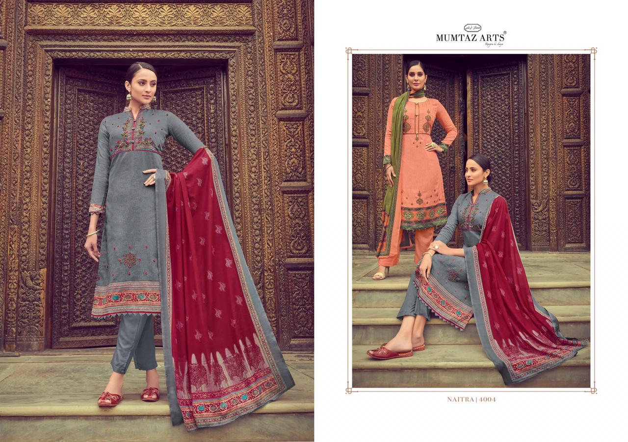 Mumtaz arts naitra moden and trendy look jam satin with kashmiri Embroided Salwar suits