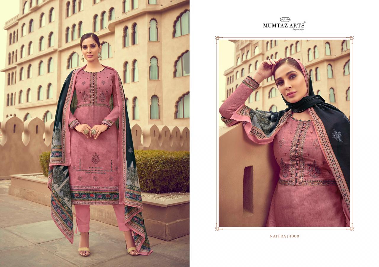 Mumtaz arts naitra moden and trendy look jam satin with kashmiri Embroided Salwar suits