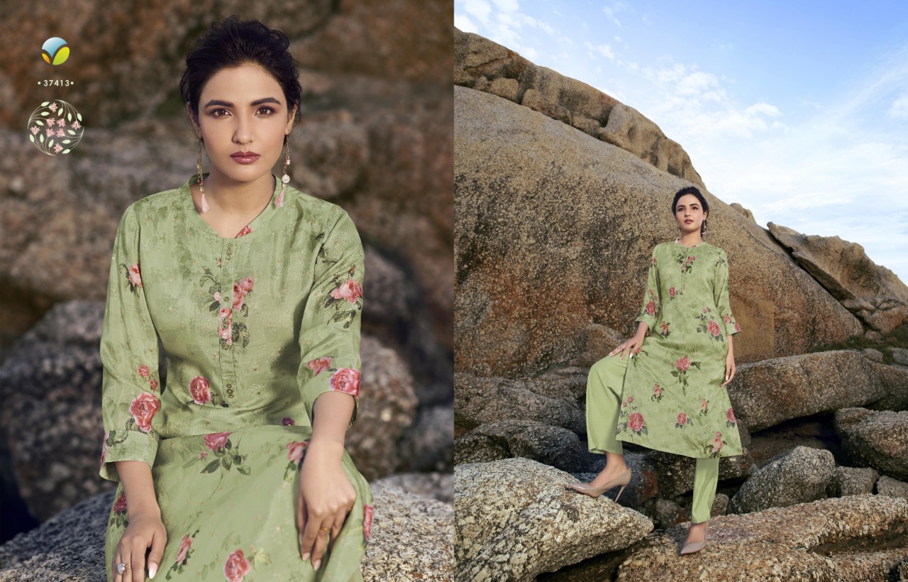 Vinay Fashion trending pure dola silk Jacquard digital printed stylish Kurties with cotton bottom