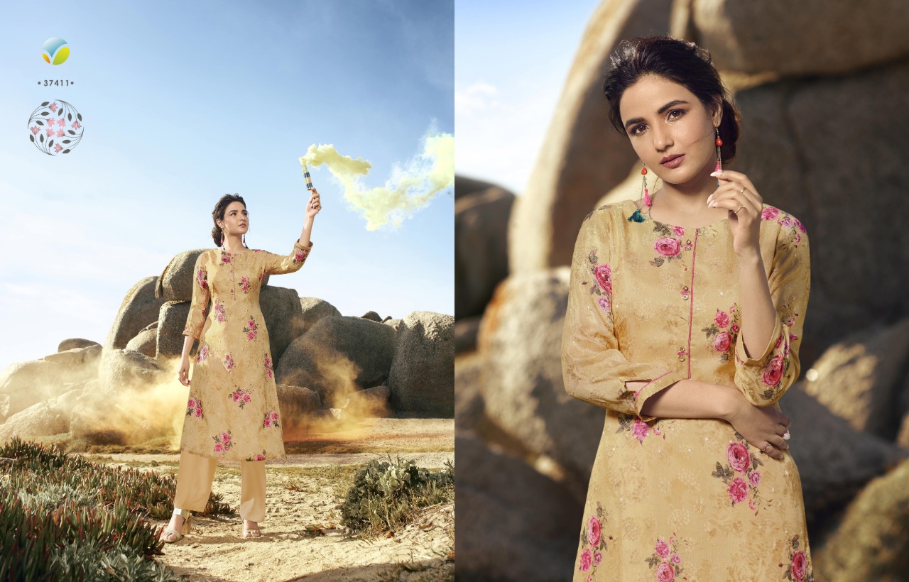 Vinay Fashion trending pure dola silk Jacquard digital printed stylish Kurties with cotton bottom