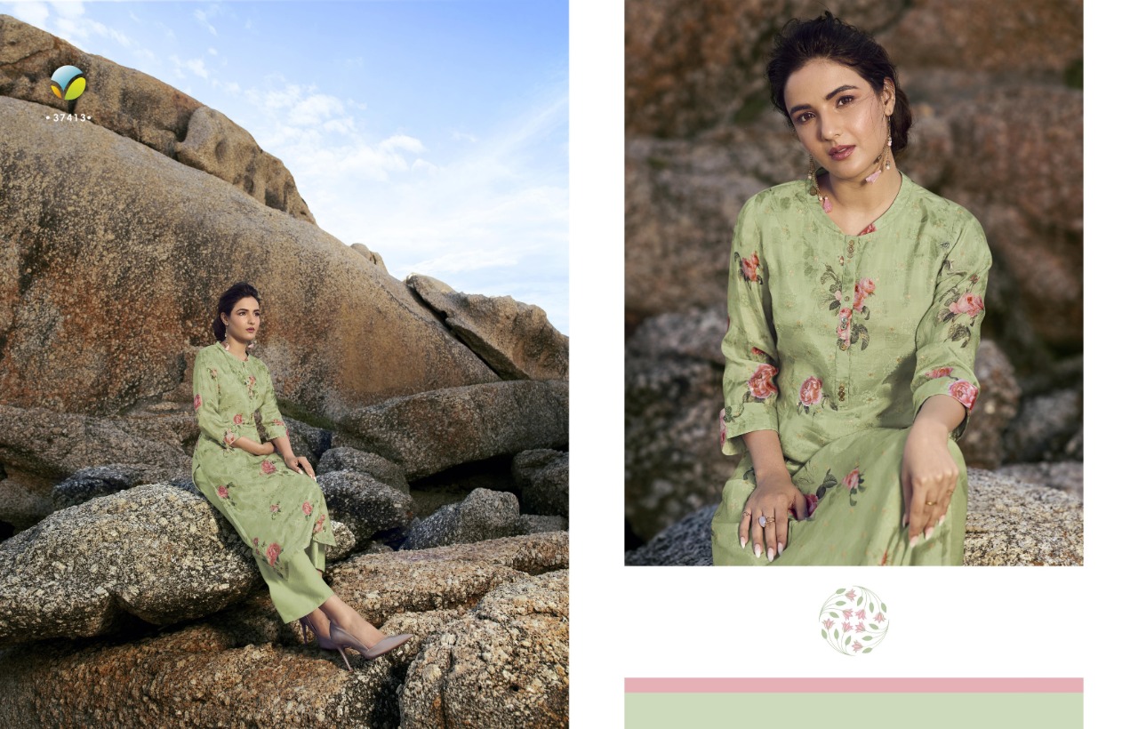 Vinay Fashion trending pure dola silk Jacquard digital printed stylish Kurties with cotton bottom