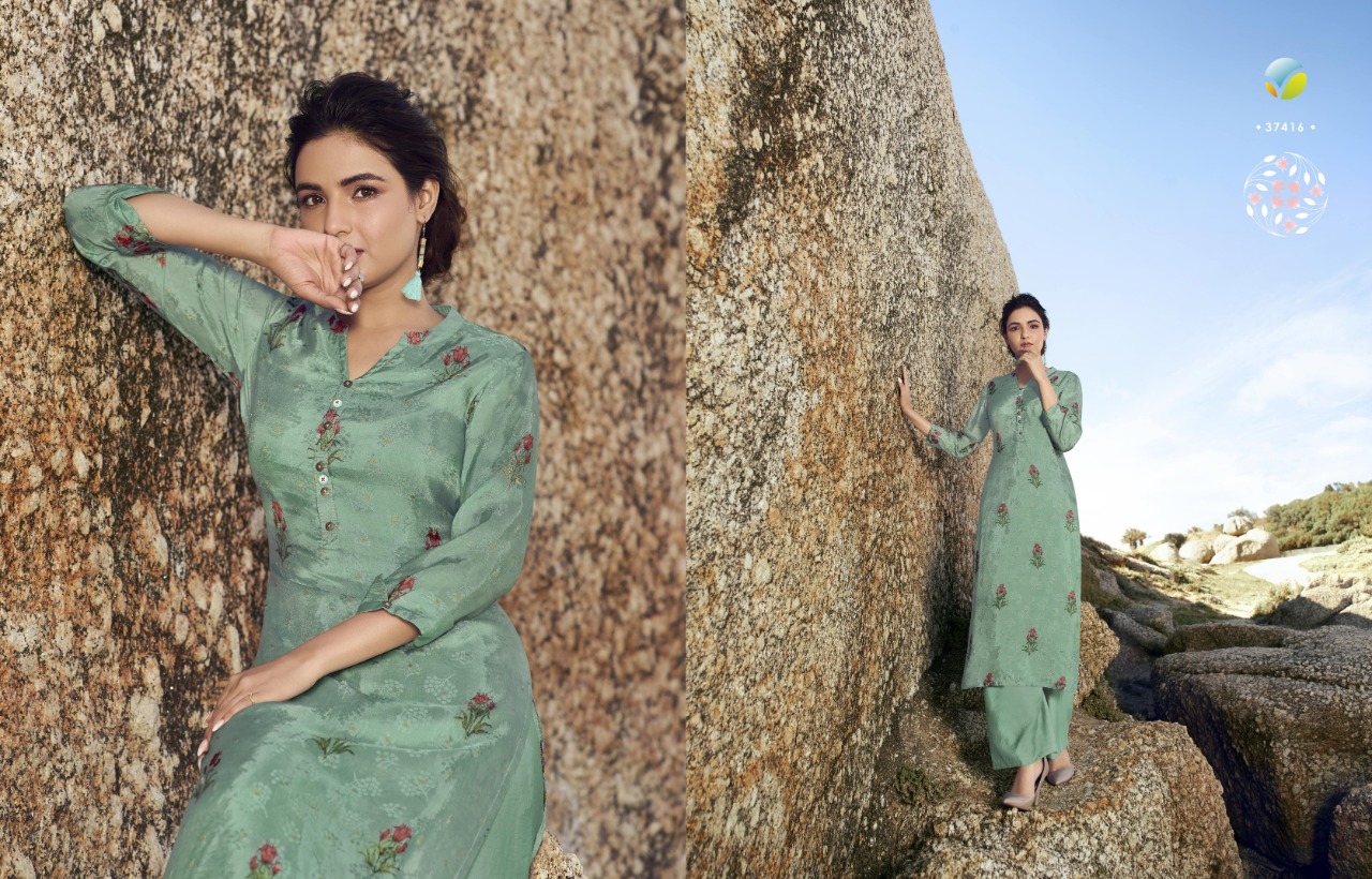 Vinay Fashion trending pure dola silk Jacquard digital printed stylish Kurties with cotton bottom