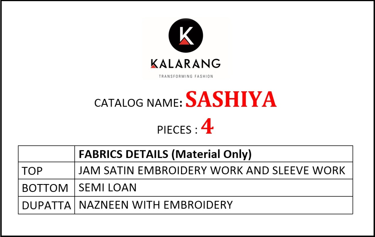 Kalarang sashiya astonishing style jam satin Embroided with sleeve work  Salwar suits