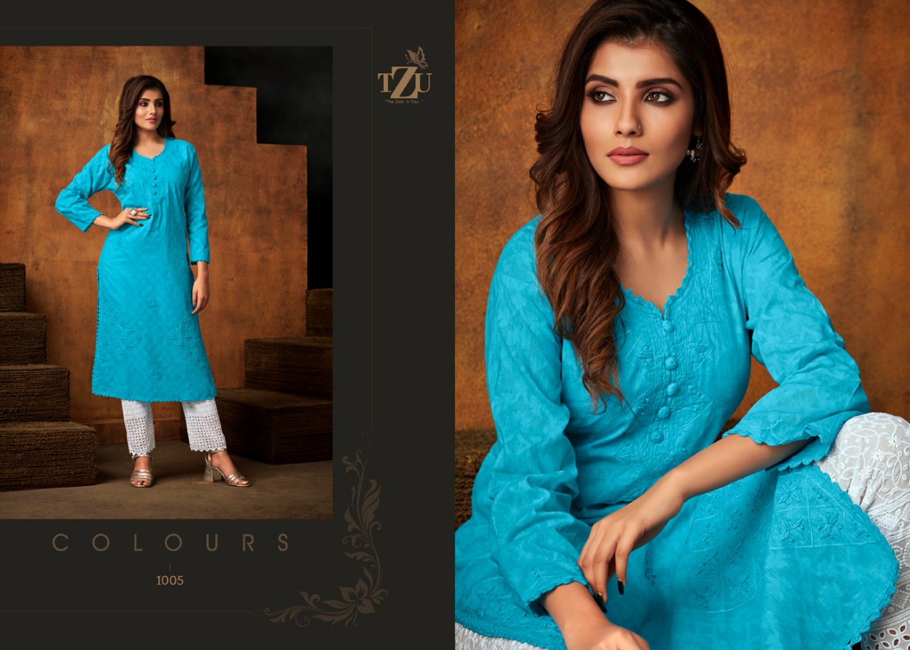 Tzu life style colors elagant look attractive designed cotton Jacquard Kurties with plazzo