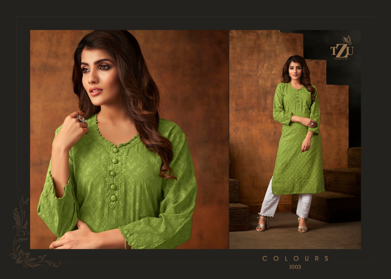 Tzu life style colors elagant look attractive designed cotton Jacquard Kurties with plazzo