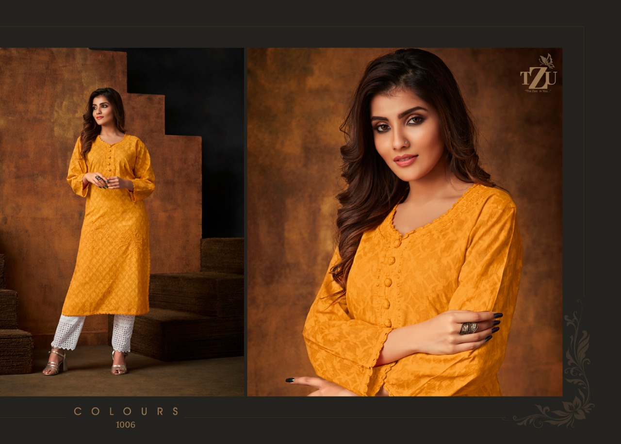 Tzu life style colors elagant look attractive designed cotton Jacquard Kurties with plazzo