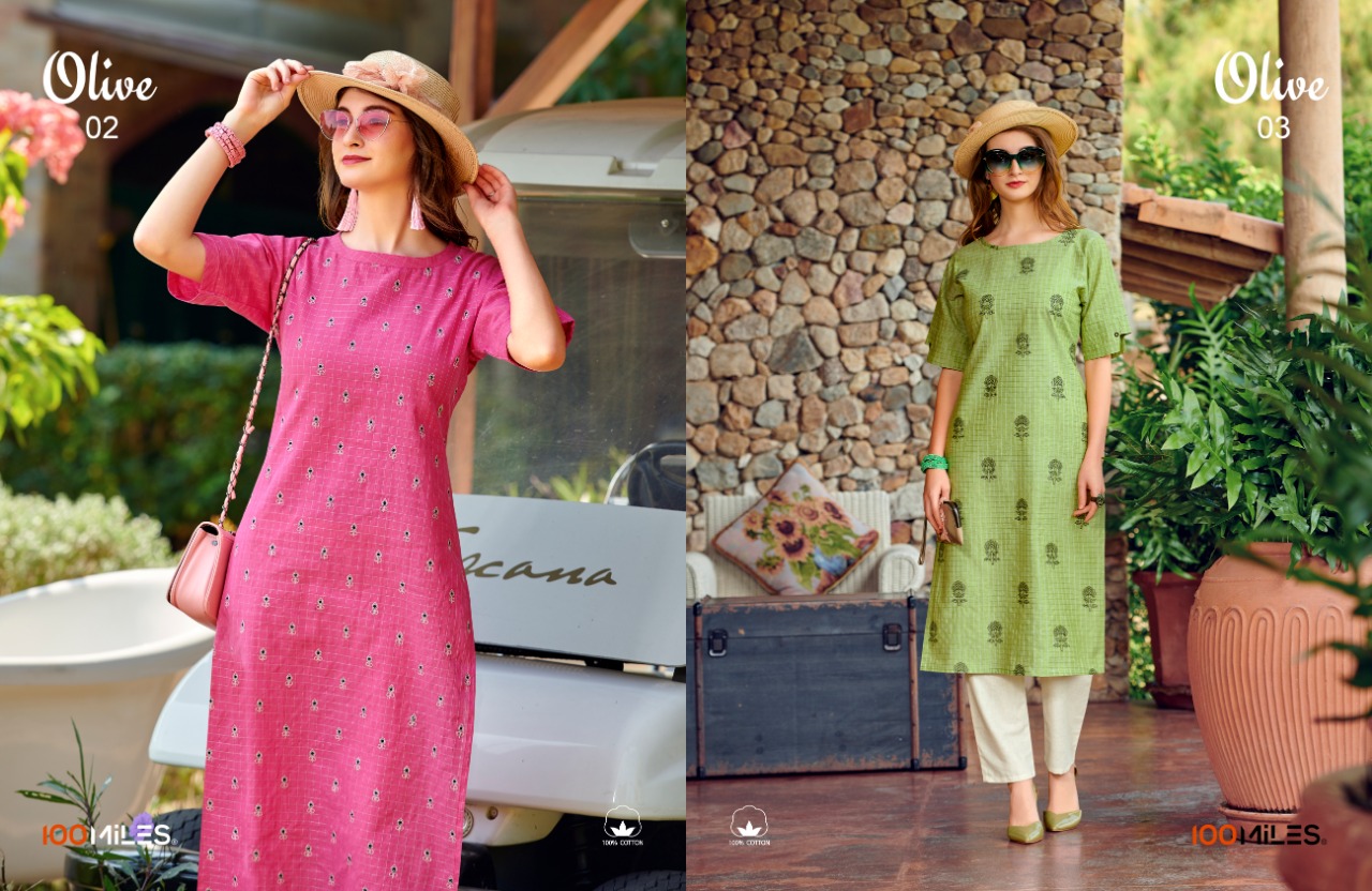 100 miles olive cotton embroidered straight kurties at wholesale price online