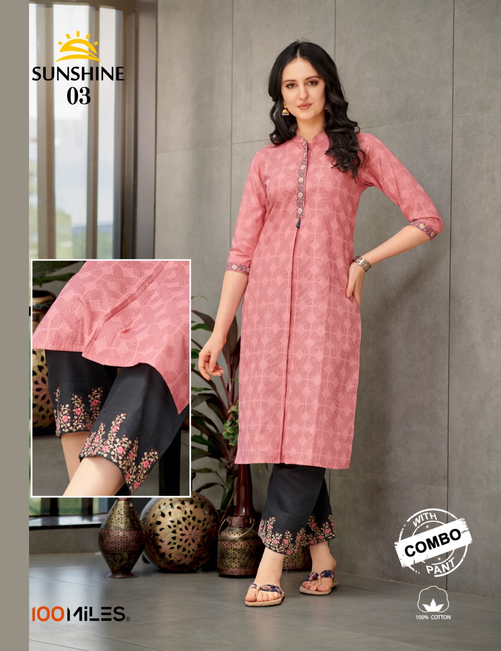 100 miles sunshine cotton exclusive emroidery  kurtis with contrast combo pants catalog