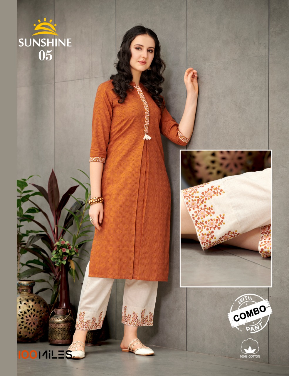 100 miles sunshine cotton exclusive emroidery  kurtis with contrast combo pants catalog