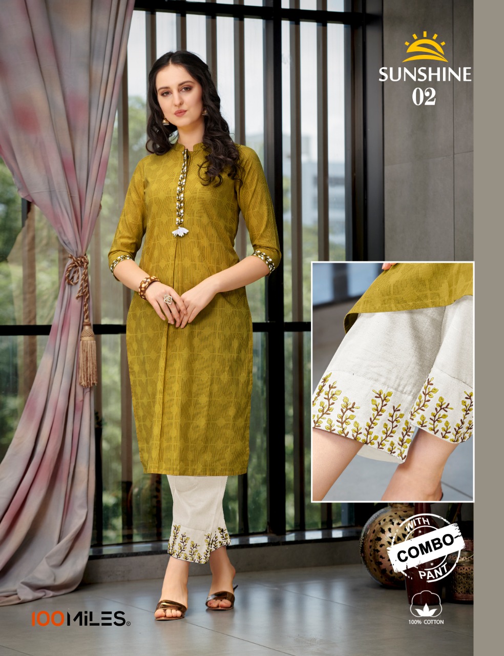 100 miles sunshine cotton exclusive emroidery  kurtis with contrast combo pants catalog