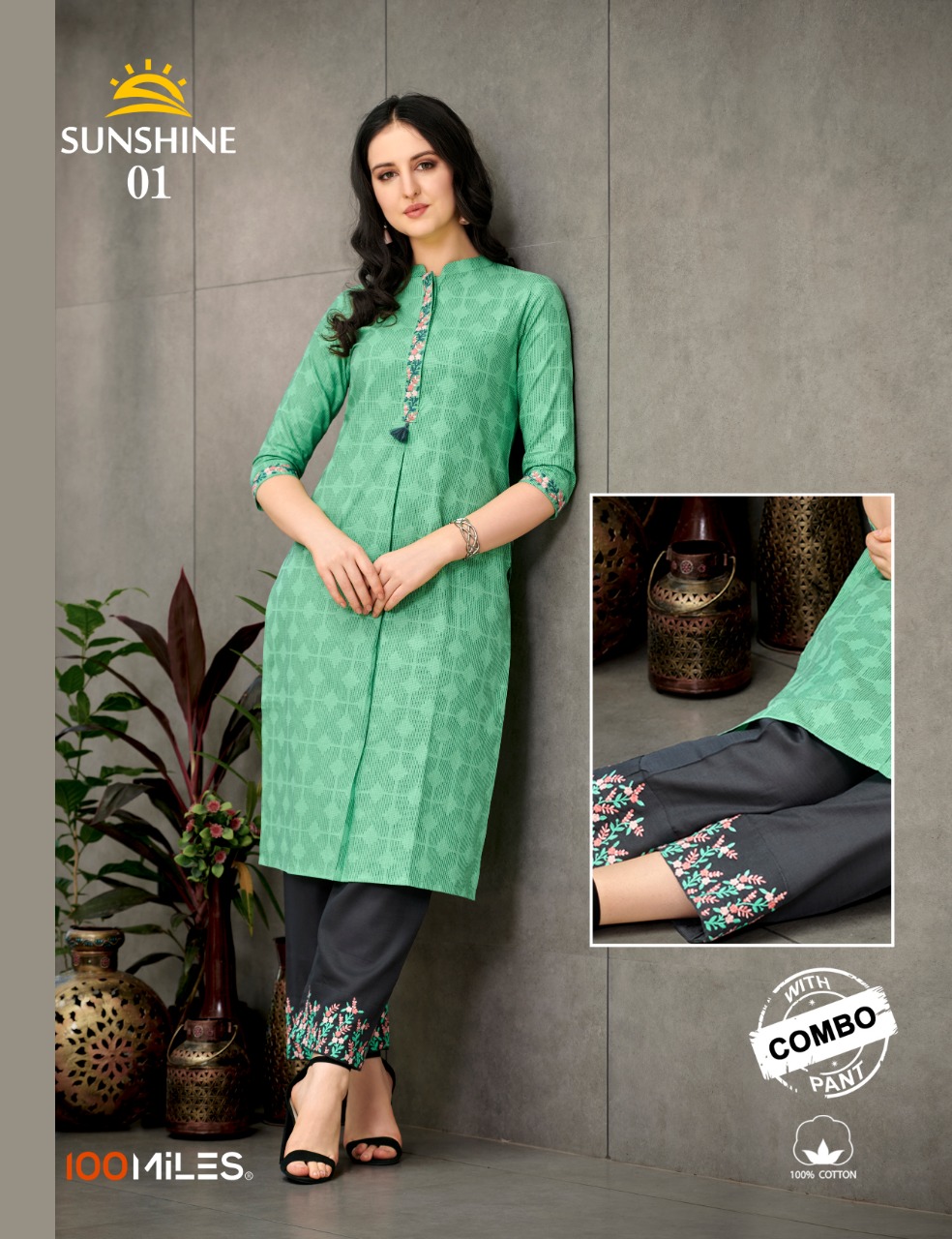 100 miles sunshine cotton exclusive emroidery  kurtis with contrast combo pants catalog