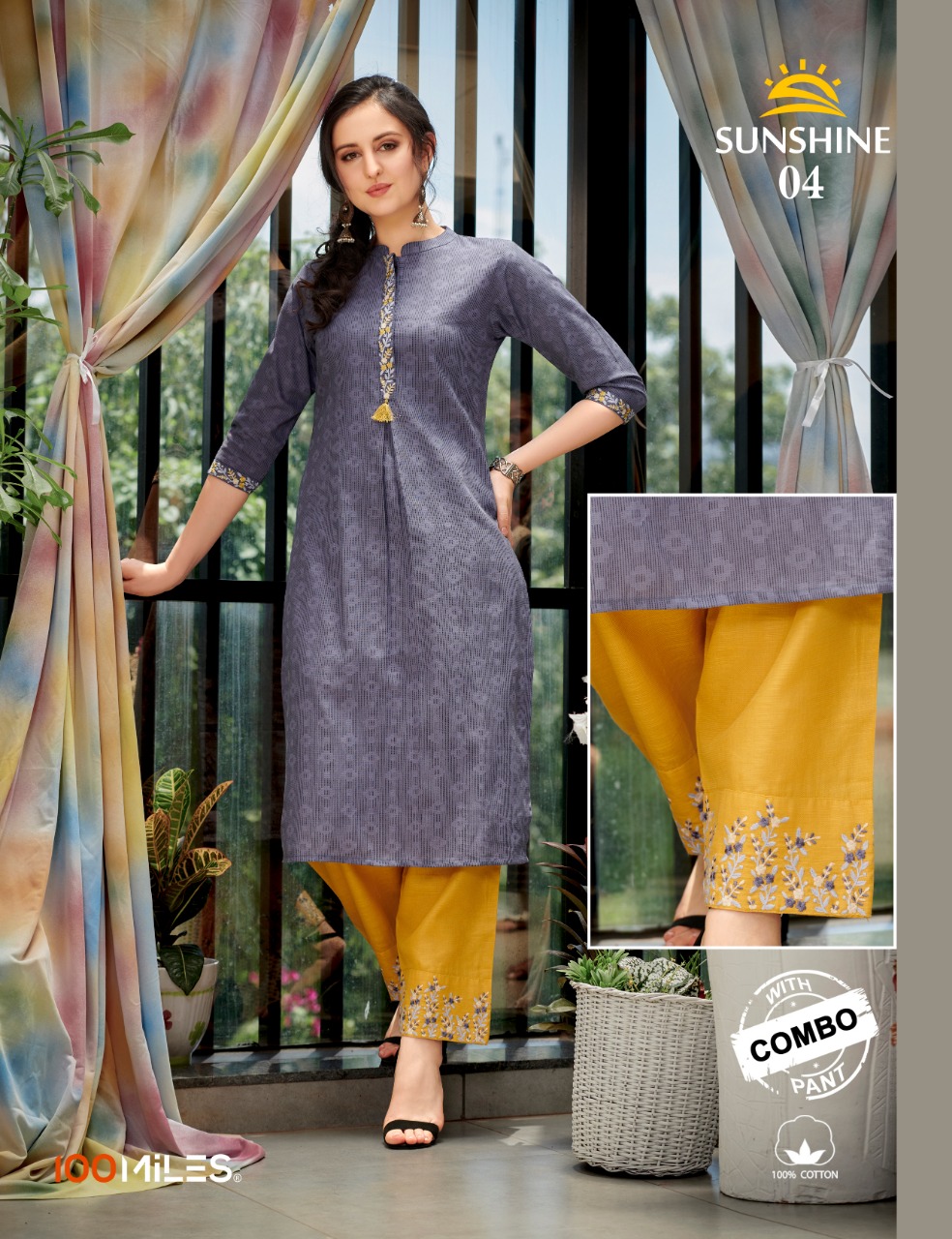 100 miles sunshine cotton exclusive emroidery  kurtis with contrast combo pants catalog