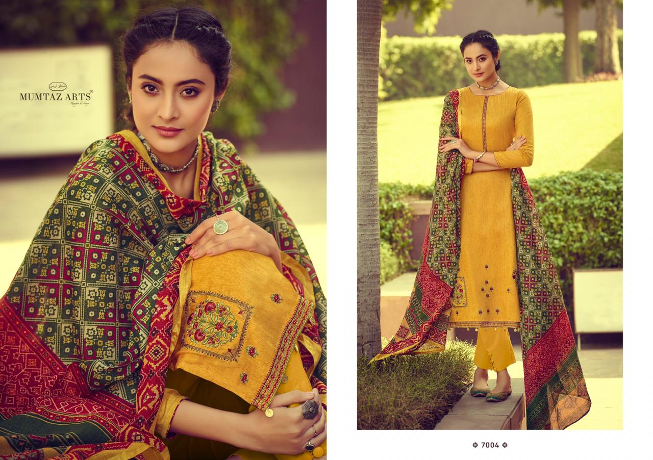 Mumtaz arts ikkat patola NX embroidered Karachi dress Material at best rates Catalog