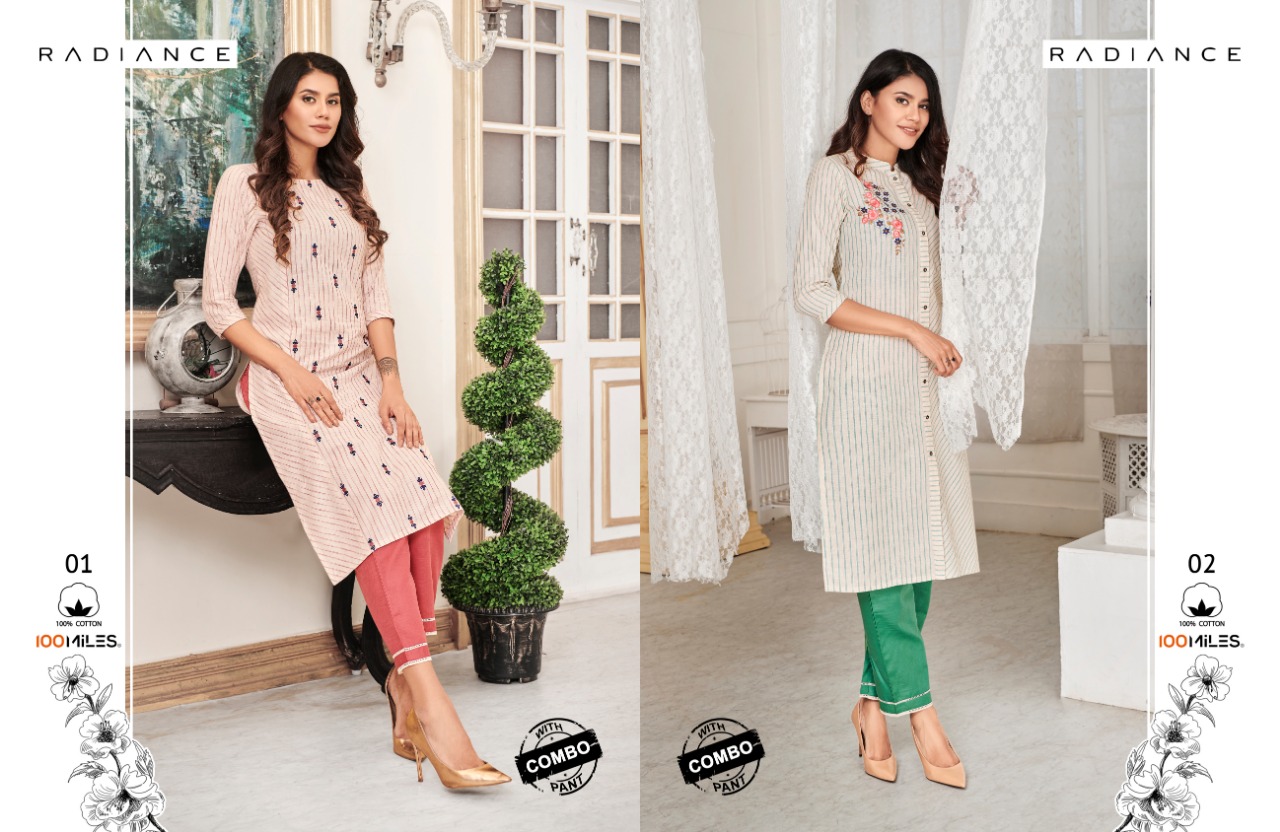 100 miles radiance cotton authentic fabric kurti with bottom collection catalog