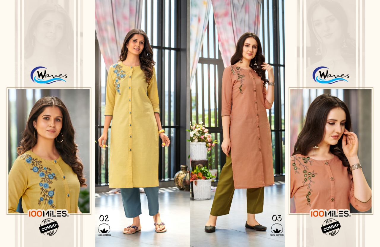 100 Miles waves cotton embroidered kurti with bottom catalog