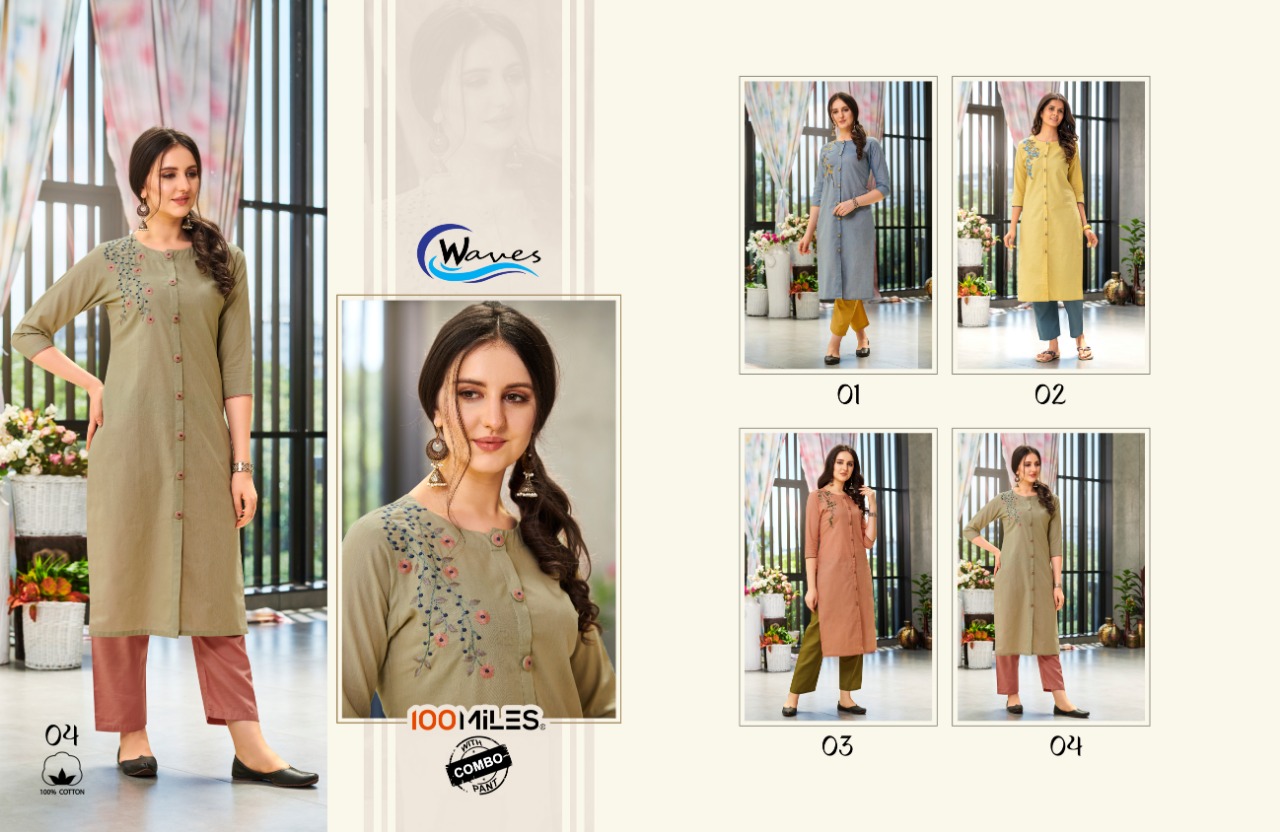 100 Miles waves cotton embroidered kurti with bottom catalog