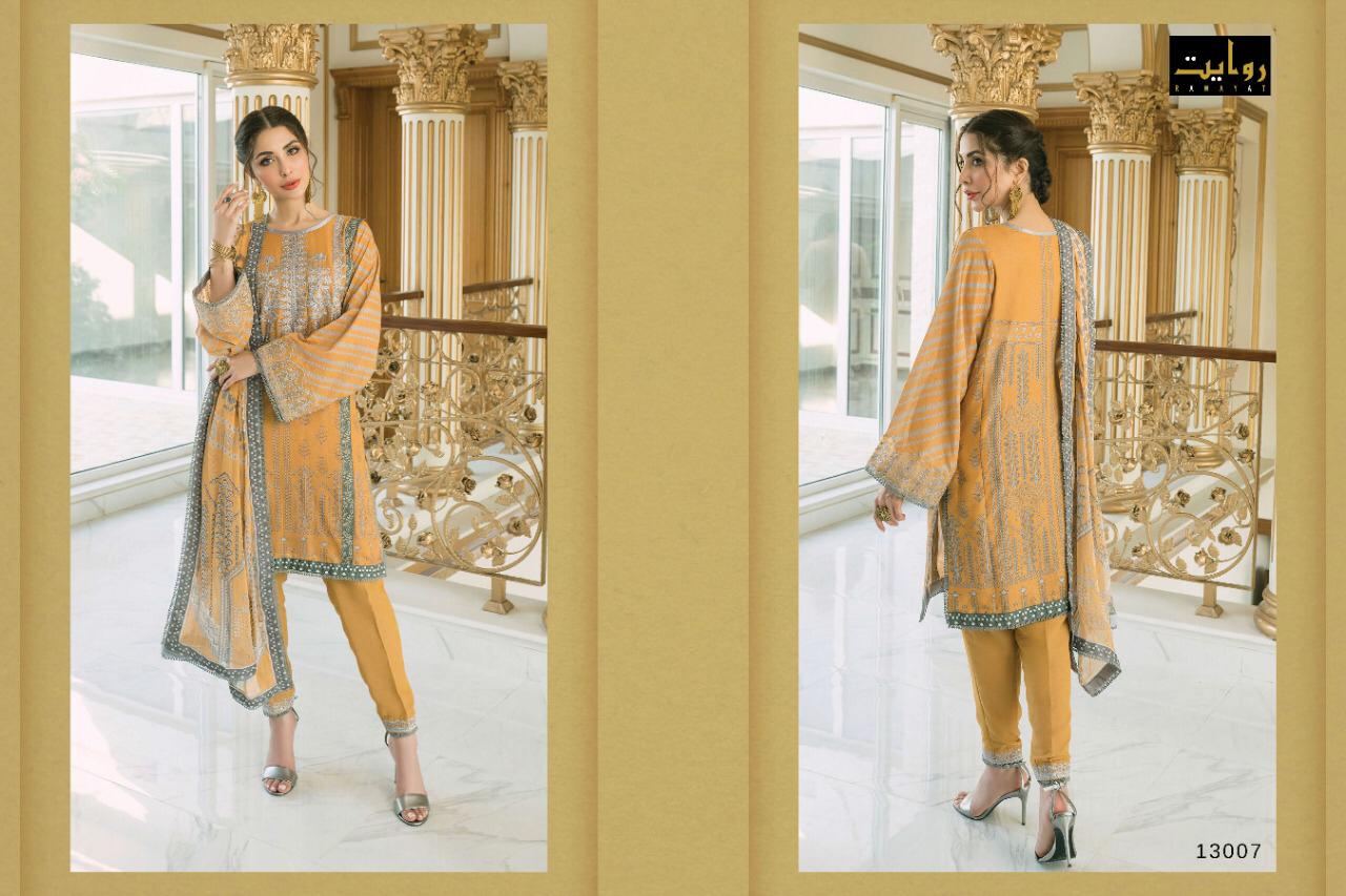 rawayat rangrasiya chiffon dupatta print with embroiderd satwar suit catalog