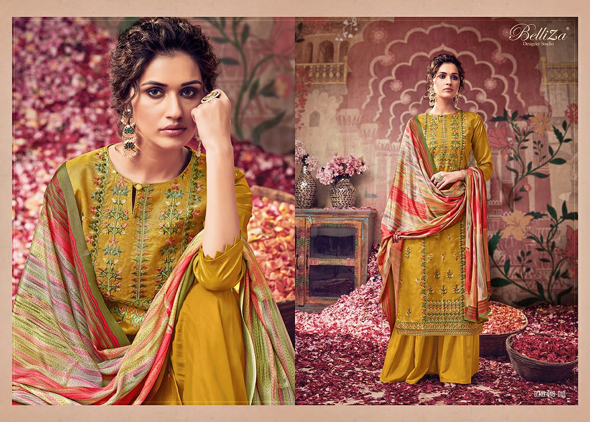 Belliza designer studio maitri tussar silk decent embroidary look salwar suit catalog