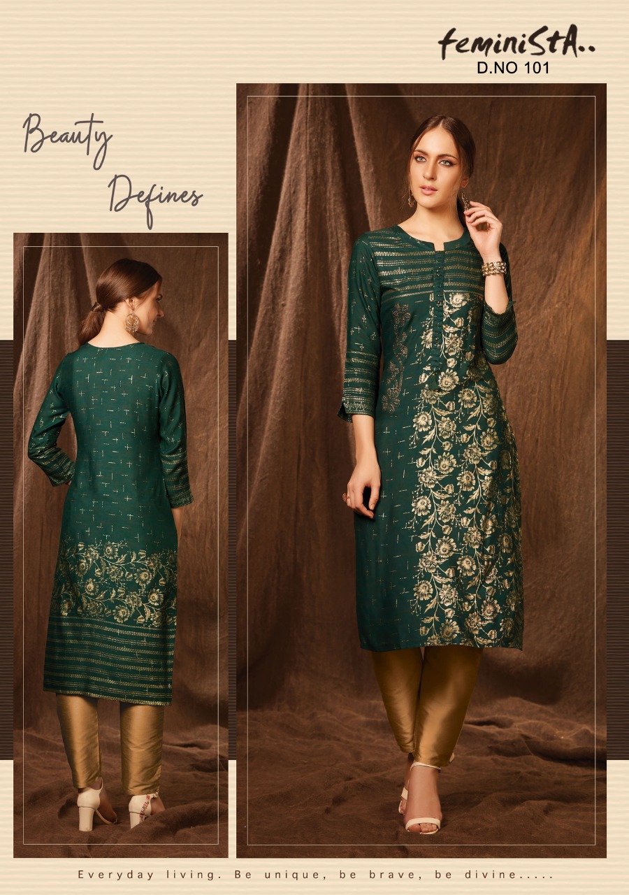 feminista grace 2 rayon elegant style kurti with pant catalog