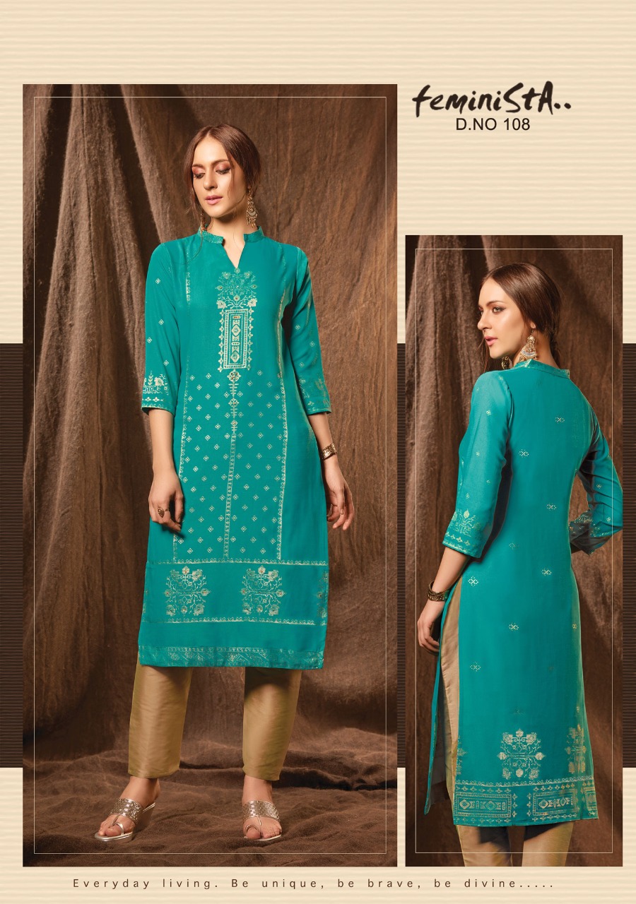 feminista grace 2 rayon elegant style kurti with pant catalog