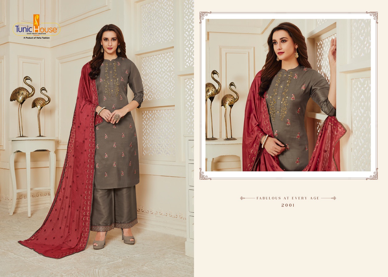 neha fashoin nivedita tusser silk  graceful embroidary look kurti bottom with chinon dupatta catalog