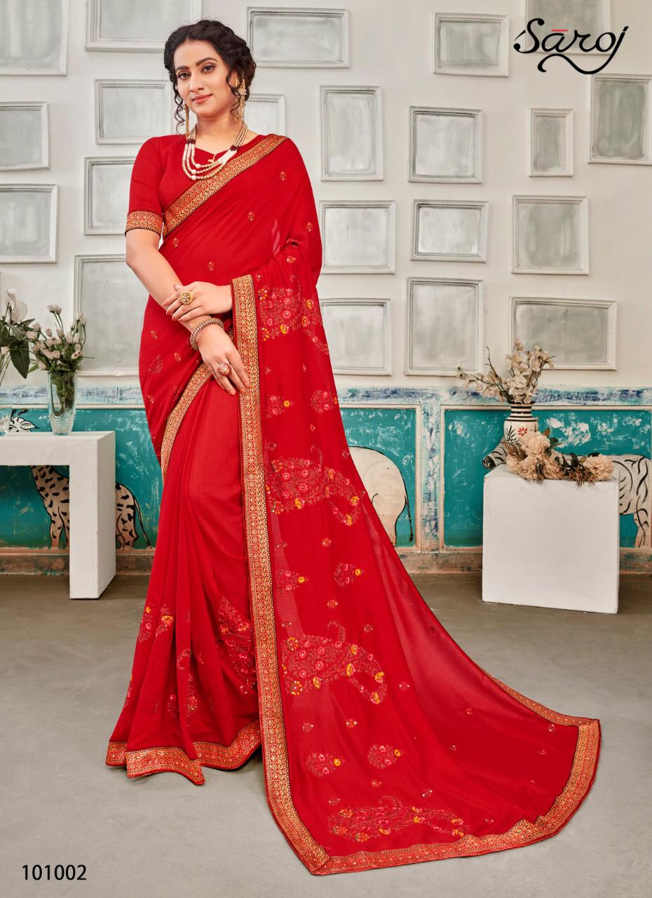 saroj sakhiya decent embroidary with blouse saree catalog