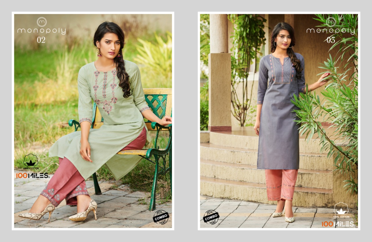 100 miles monopoly cotton decent embroidary look kurti with bottom combo catalog