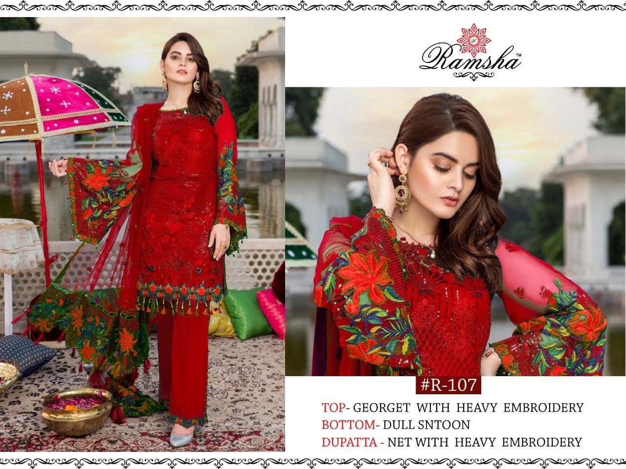 Ramsha R-107 Red Salwar Kameez Georgette Singles