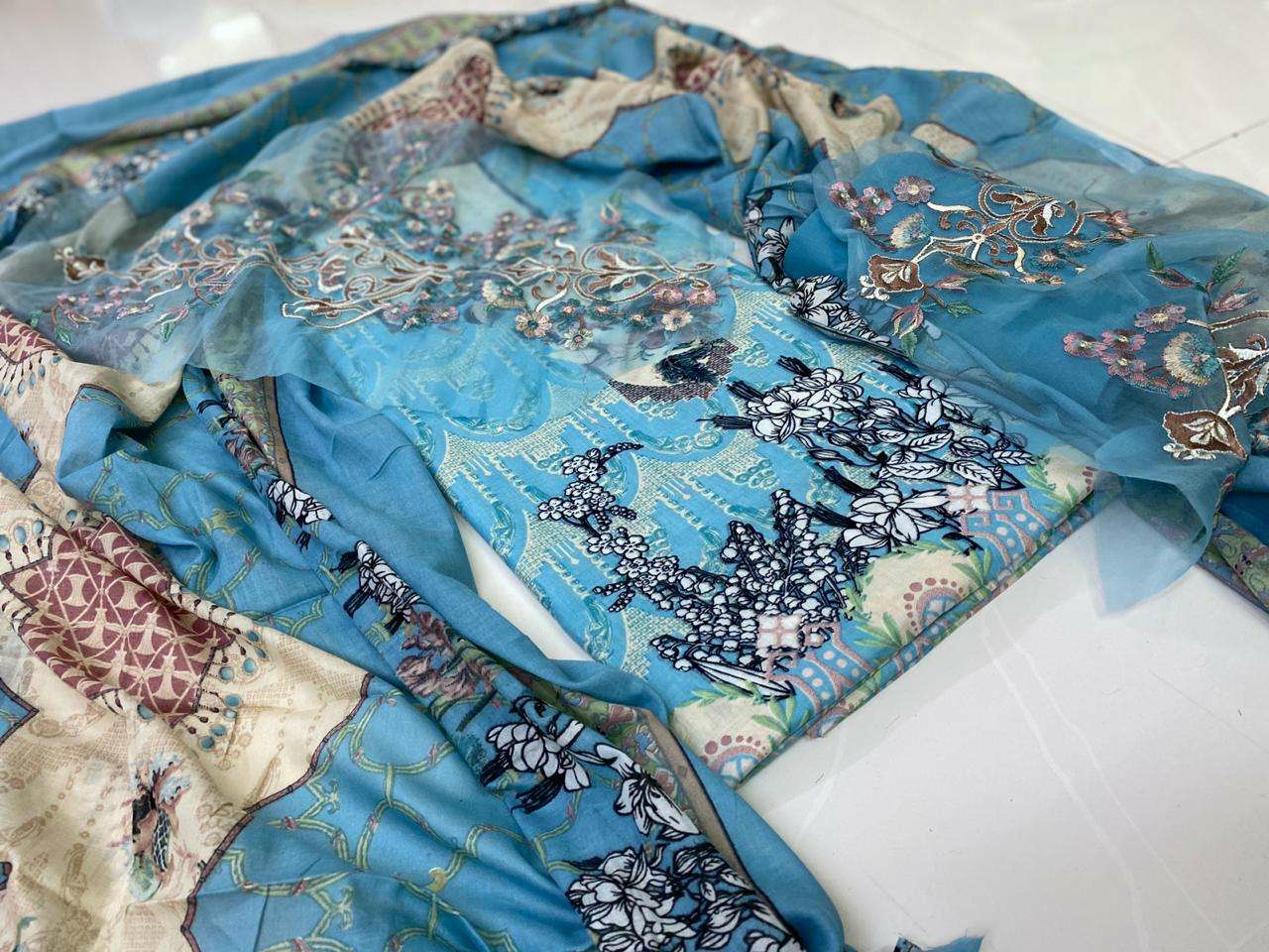 Fepic Rosemeen Aqua Salt Cotton Printed with chiffon dupatta Pakistani Suits Collection