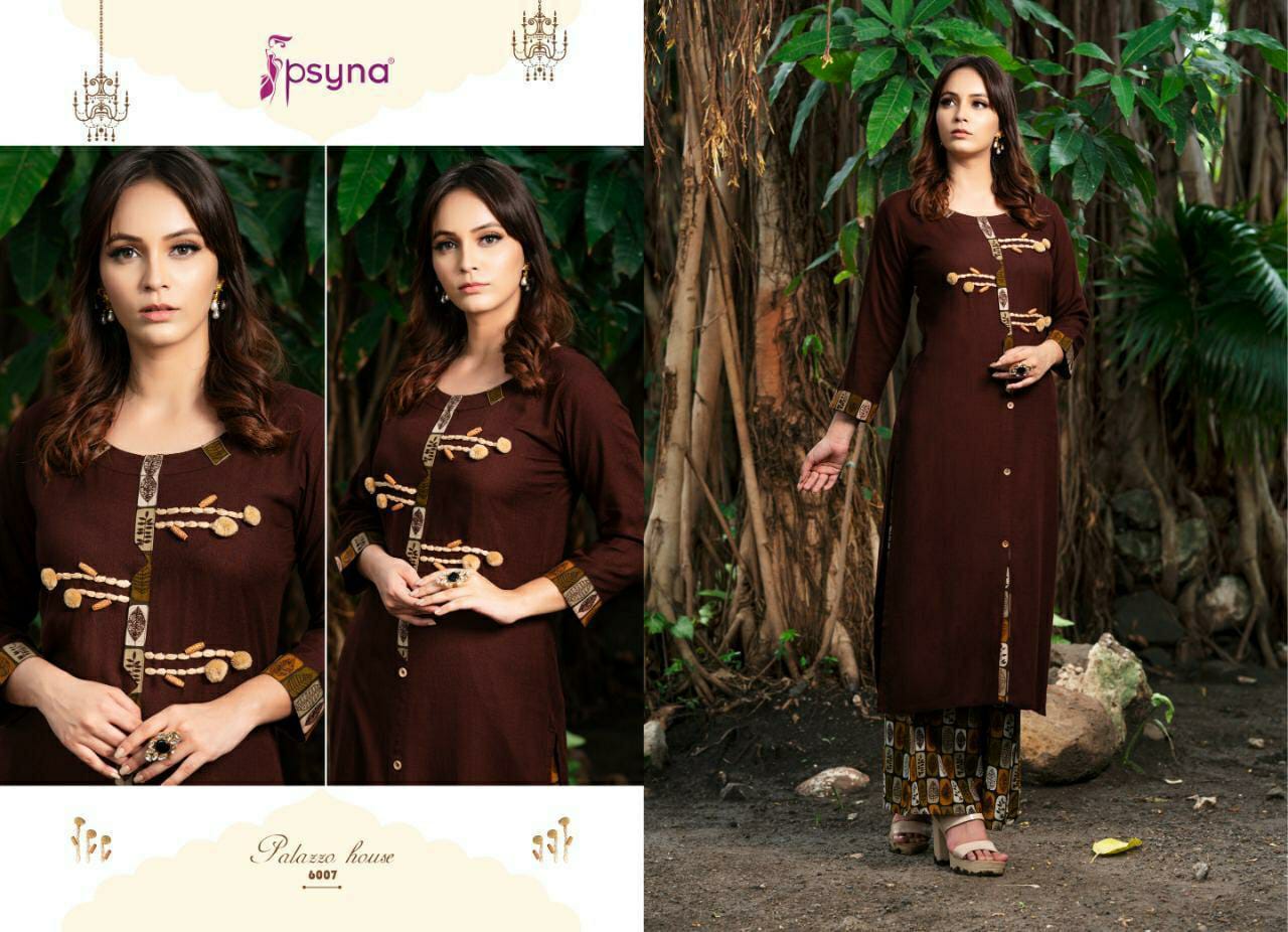 psyna palazzo house rayon decent look kurti with printed plazzo catalog