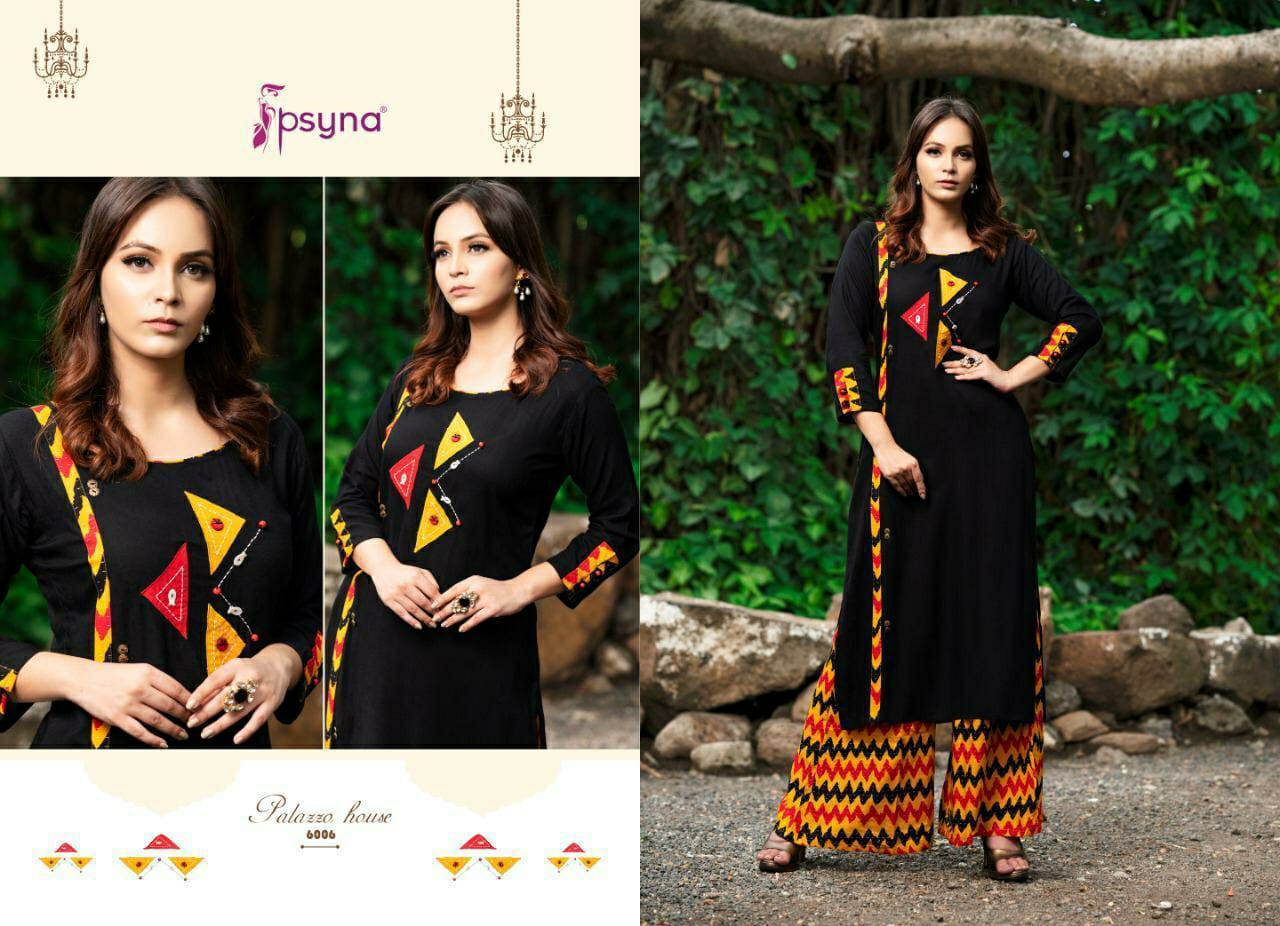 psyna palazzo house rayon decent look kurti with printed plazzo catalog