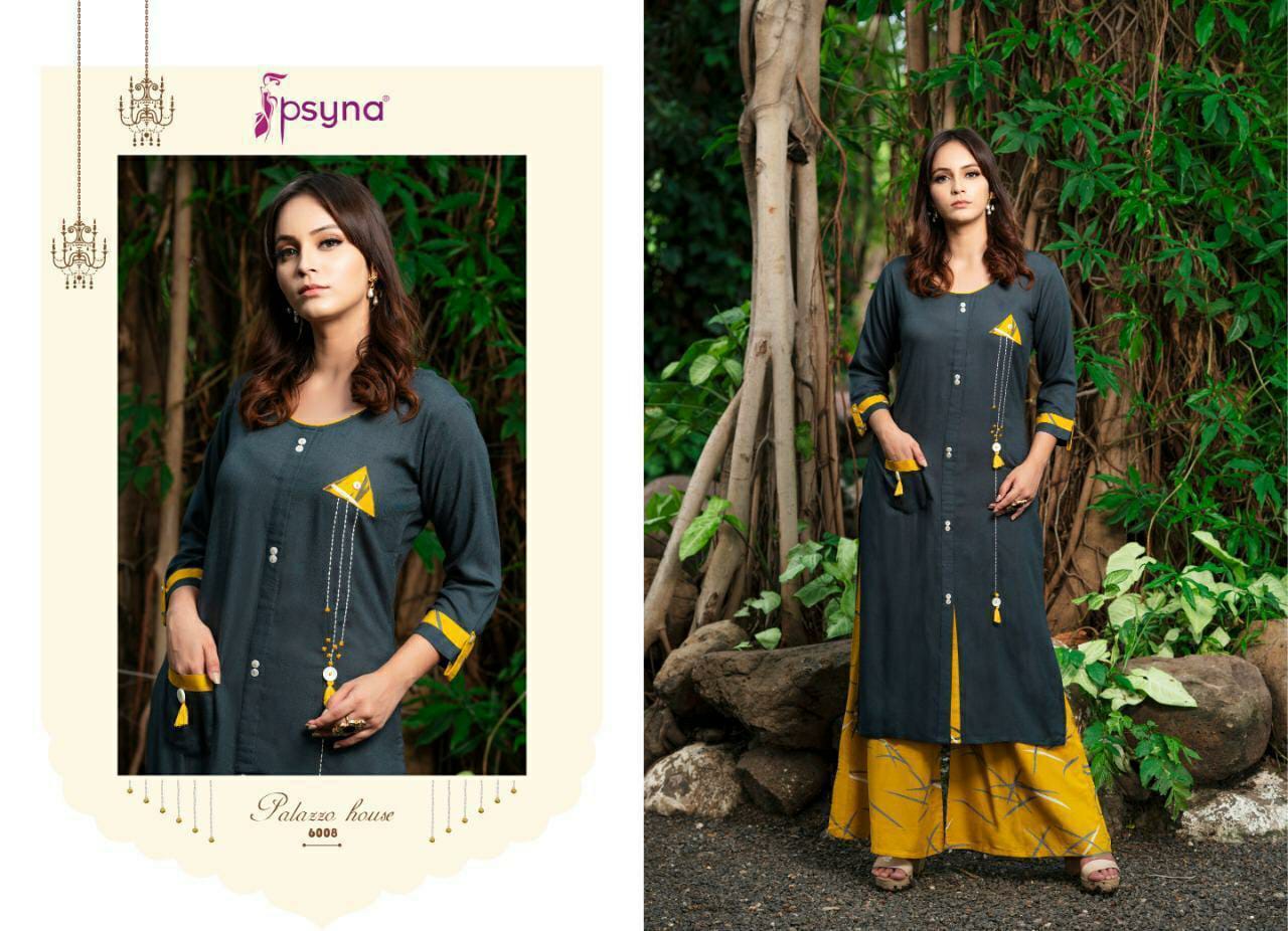 psyna palazzo house rayon decent look kurti with printed plazzo catalog