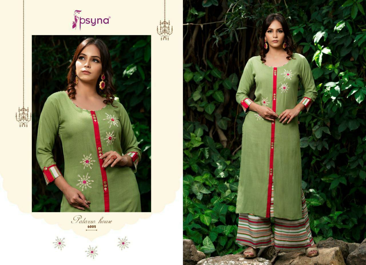 psyna palazzo house rayon decent look kurti with printed plazzo catalog