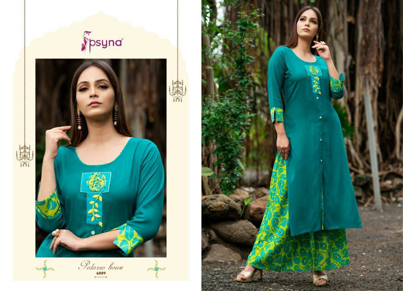 psyna palazzo house rayon decent look kurti with printed plazzo catalog