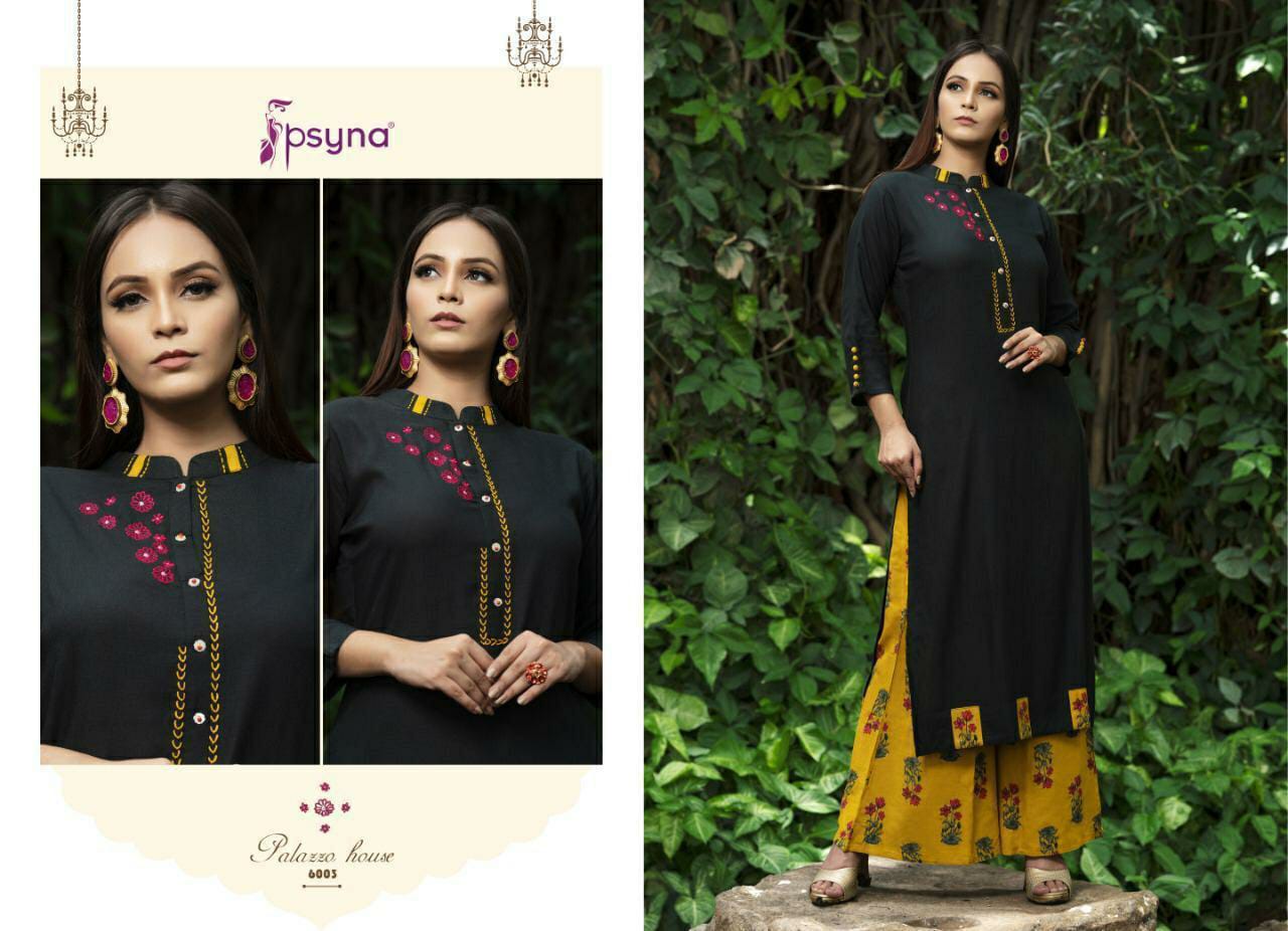 psyna palazzo house rayon decent look kurti with printed plazzo catalog