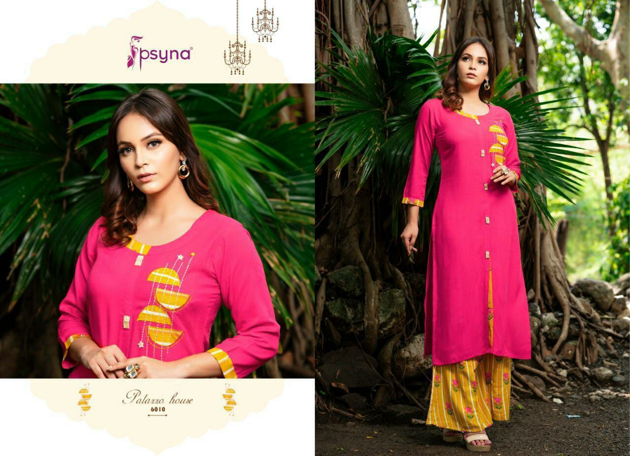 psyna palazzo house rayon decent look kurti with printed plazzo catalog