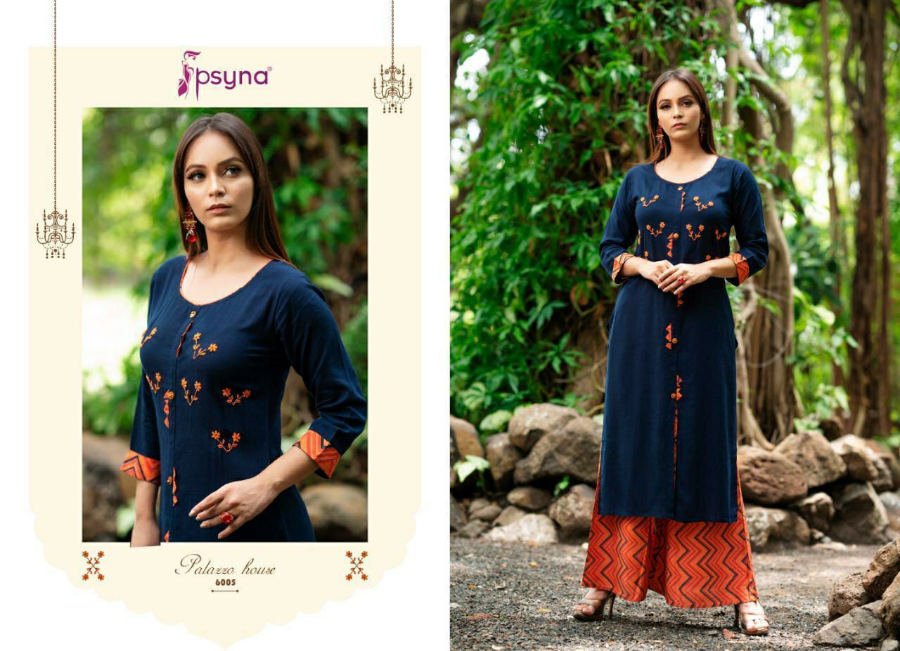 psyna palazzo house rayon decent look kurti with printed plazzo catalog