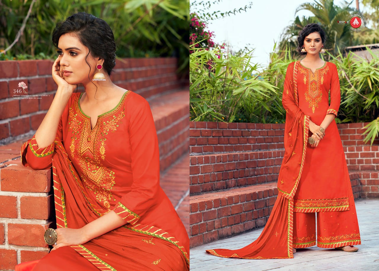 Triple AAA Kesar 5 jam silk dupatta Chinon work with Four Side salwar suit catalog